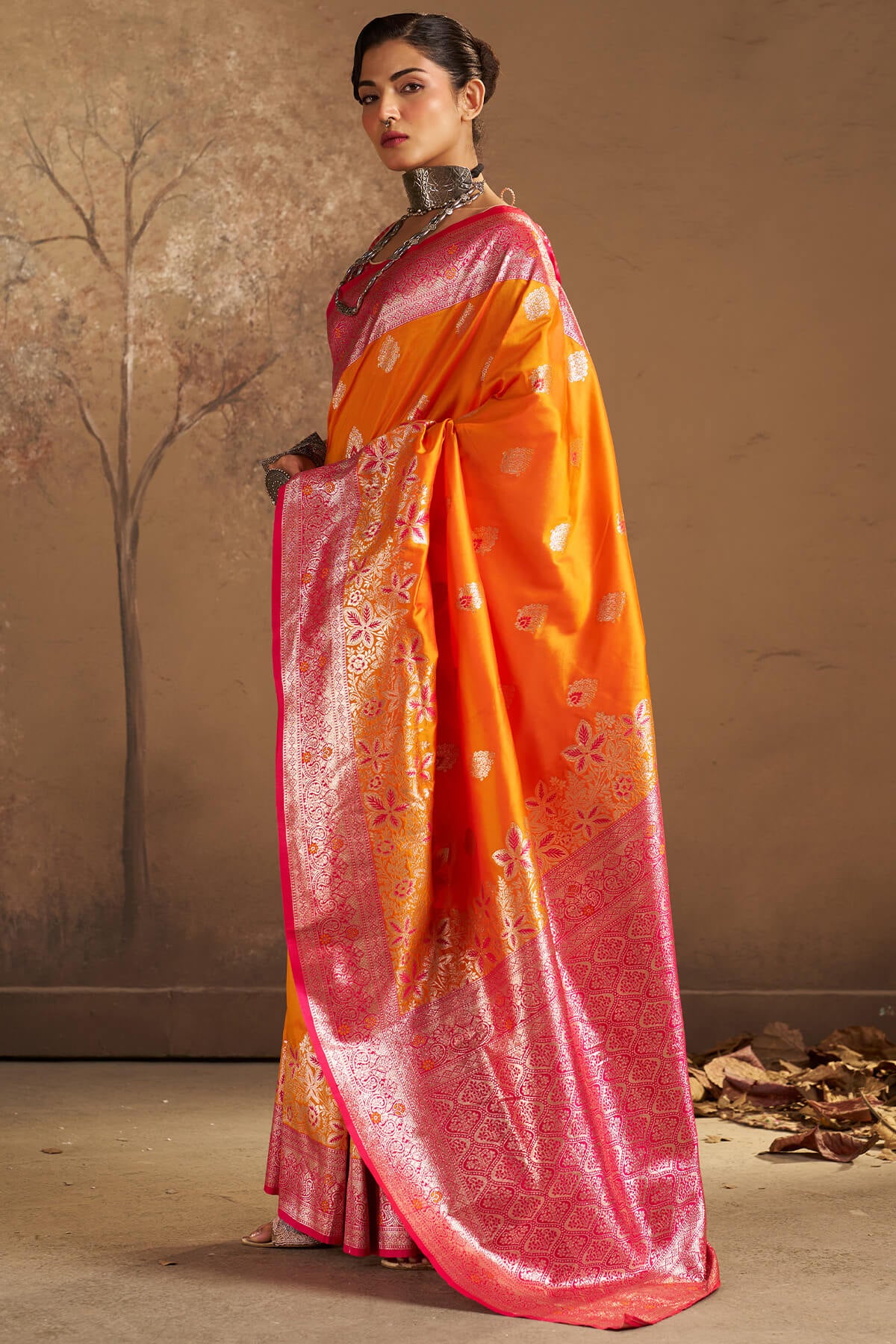 Luxuriant Orange Pure Zari Weaving Banarasi Silk Saree With Glorious Blouse Piece