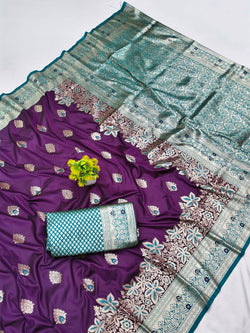 Fancifull Purple Pure Zari Weaving Banarasi Silk Saree With Efflorescence Blouse Piece