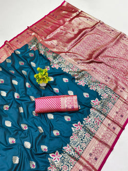 Dazzling Rama Pure Zari Weaving Banarasi Silk Saree With Snappy Blouse Piece