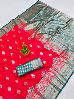 Assemblage Red Pure Zari Weaving Banarasi Silk Saree With Demanding Blouse Piece