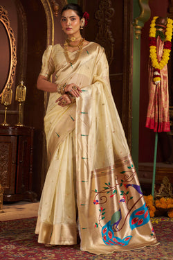 Deserving Beige Organza Paithani Silk Saree With Delightful Blouse Piece