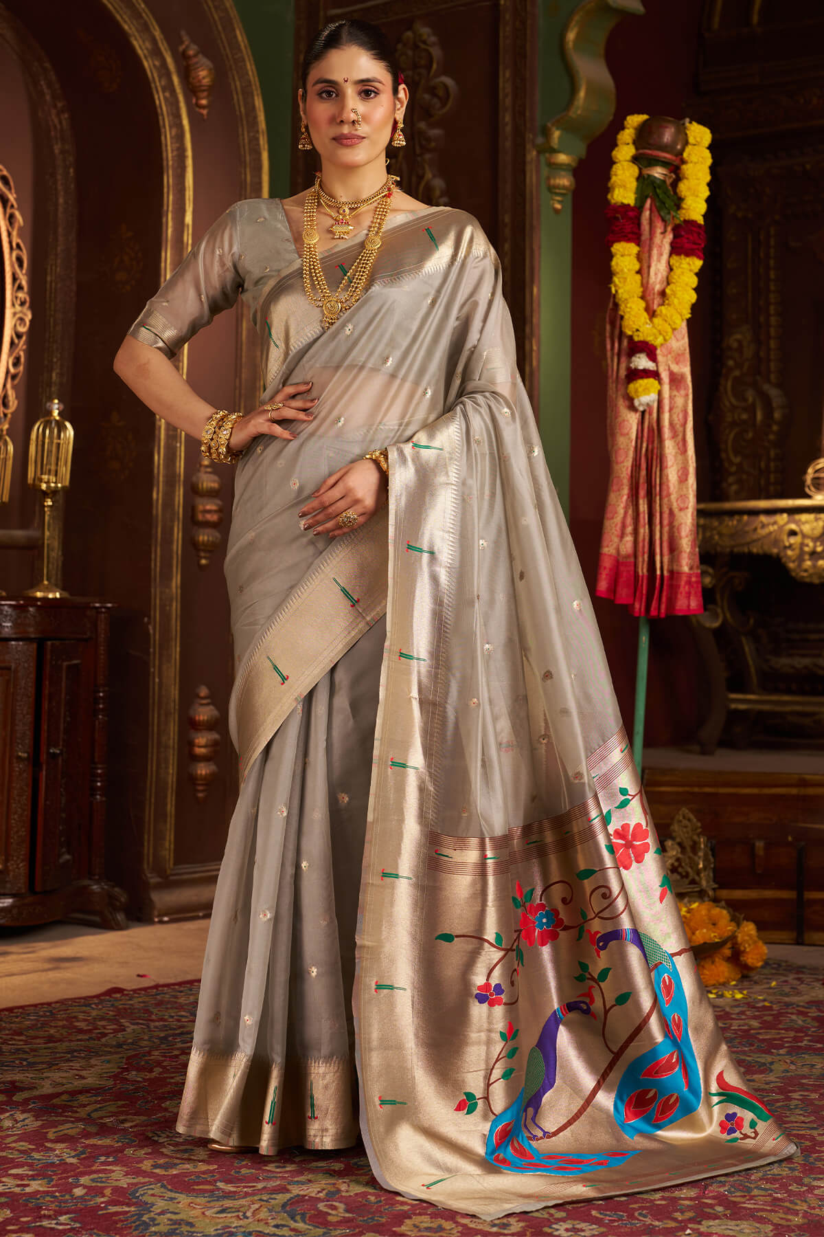 Luxuriant Grey Organza Paithani Silk Saree With Intricate Blouse Piece