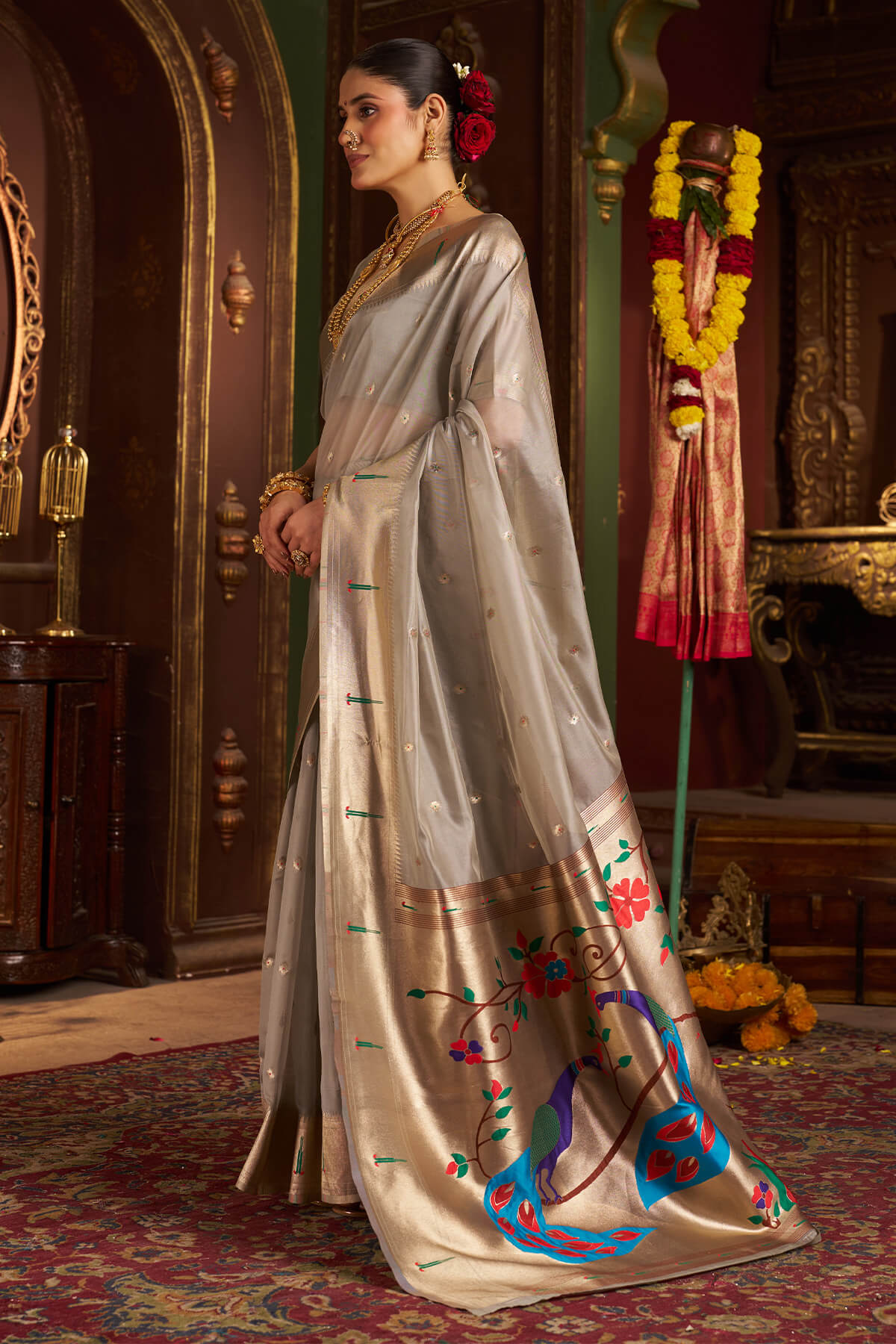 Luxuriant Grey Organza Paithani Silk Saree With Intricate Blouse Piece