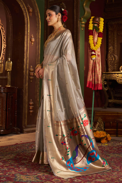 Luxuriant Grey Organza Paithani Silk Saree With Intricate Blouse Piece