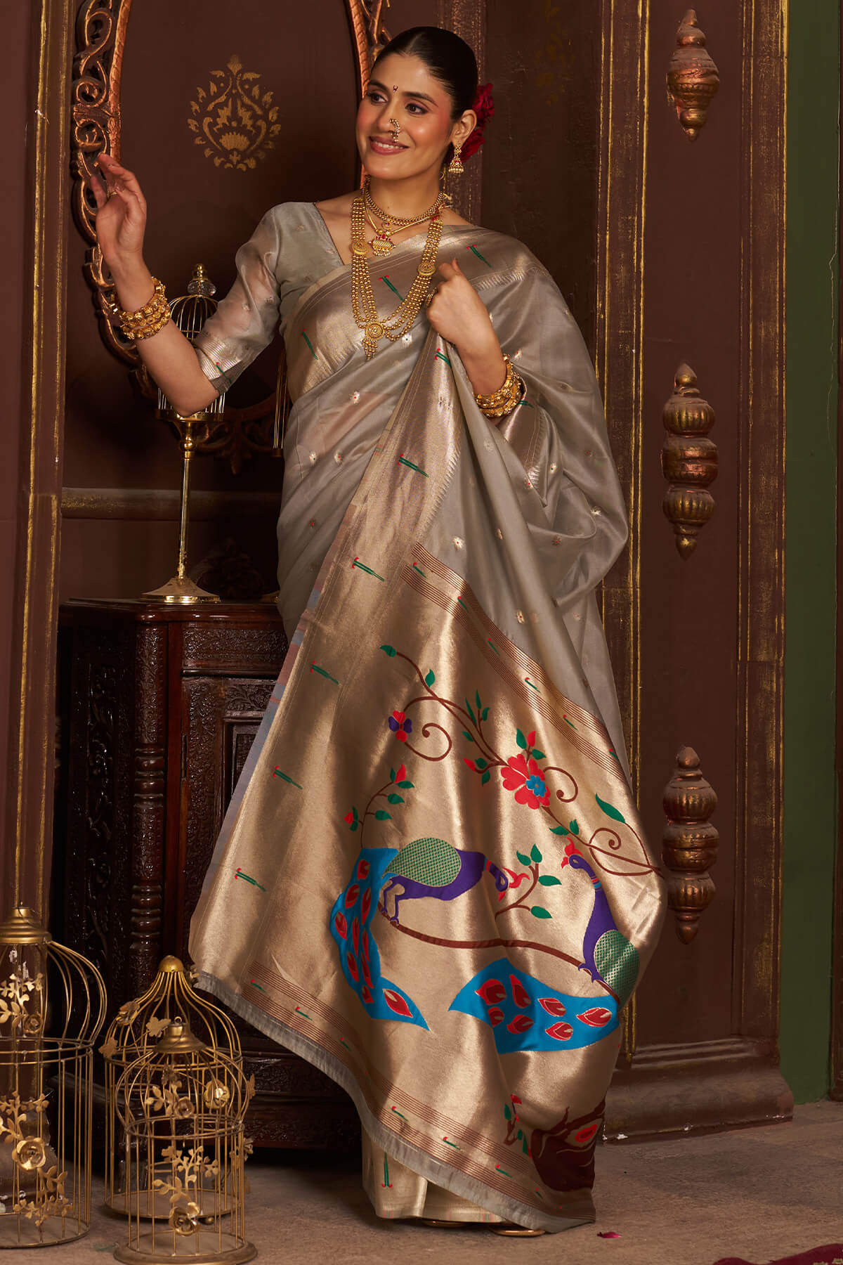 Luxuriant Grey Organza Paithani Silk Saree With Intricate Blouse Piece
