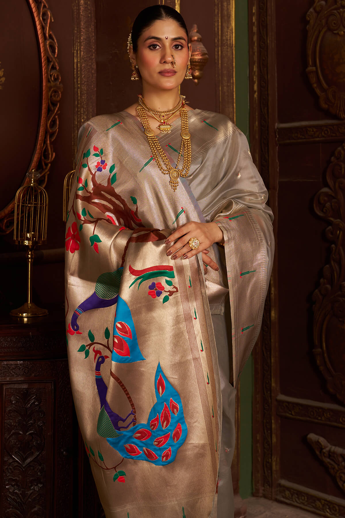 Luxuriant Grey Organza Paithani Silk Saree With Intricate Blouse Piece