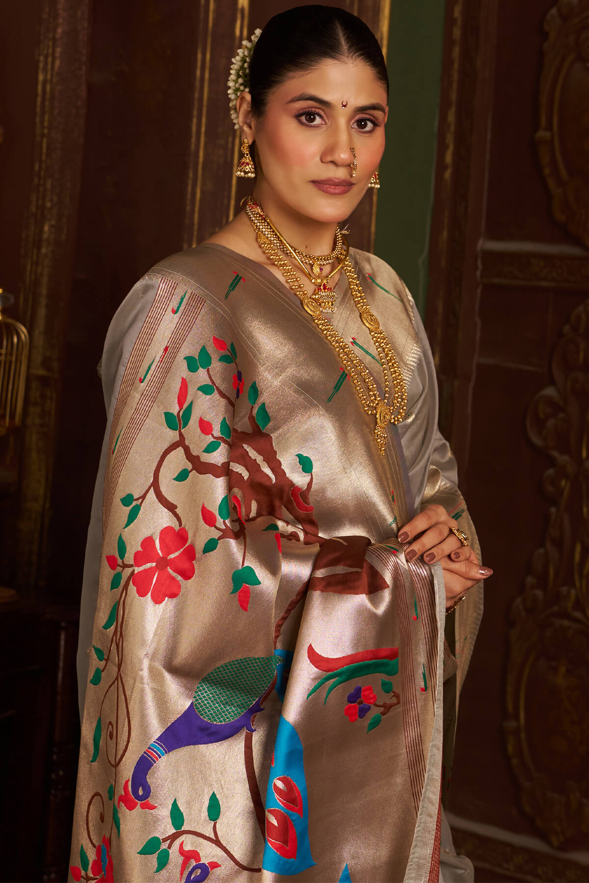 Luxuriant Grey Organza Paithani Silk Saree With Intricate Blouse Piece