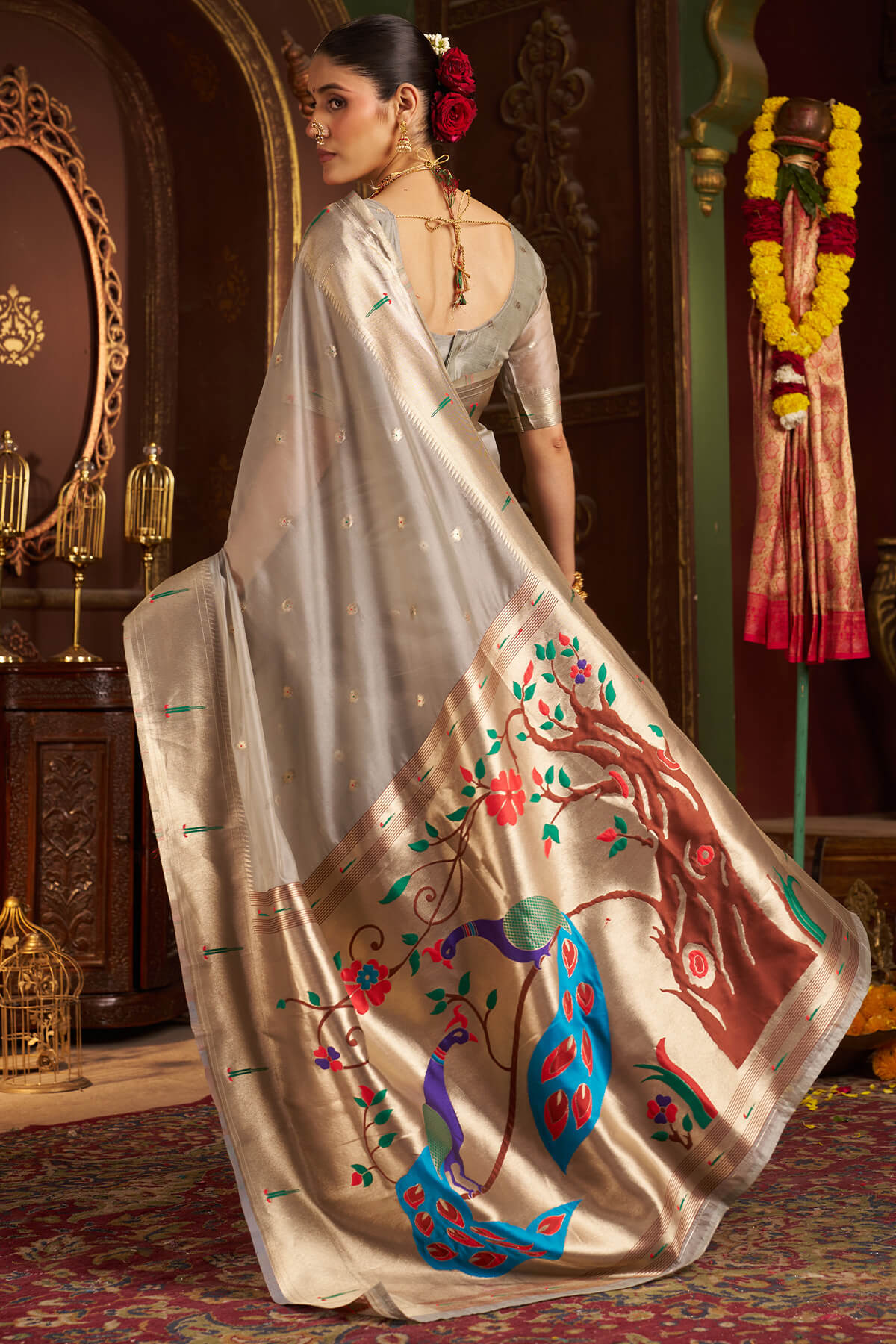 Luxuriant Grey Organza Paithani Silk Saree With Intricate Blouse Piece