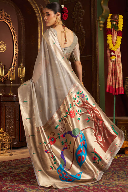 Luxuriant Grey Organza Paithani Silk Saree With Intricate Blouse Piece