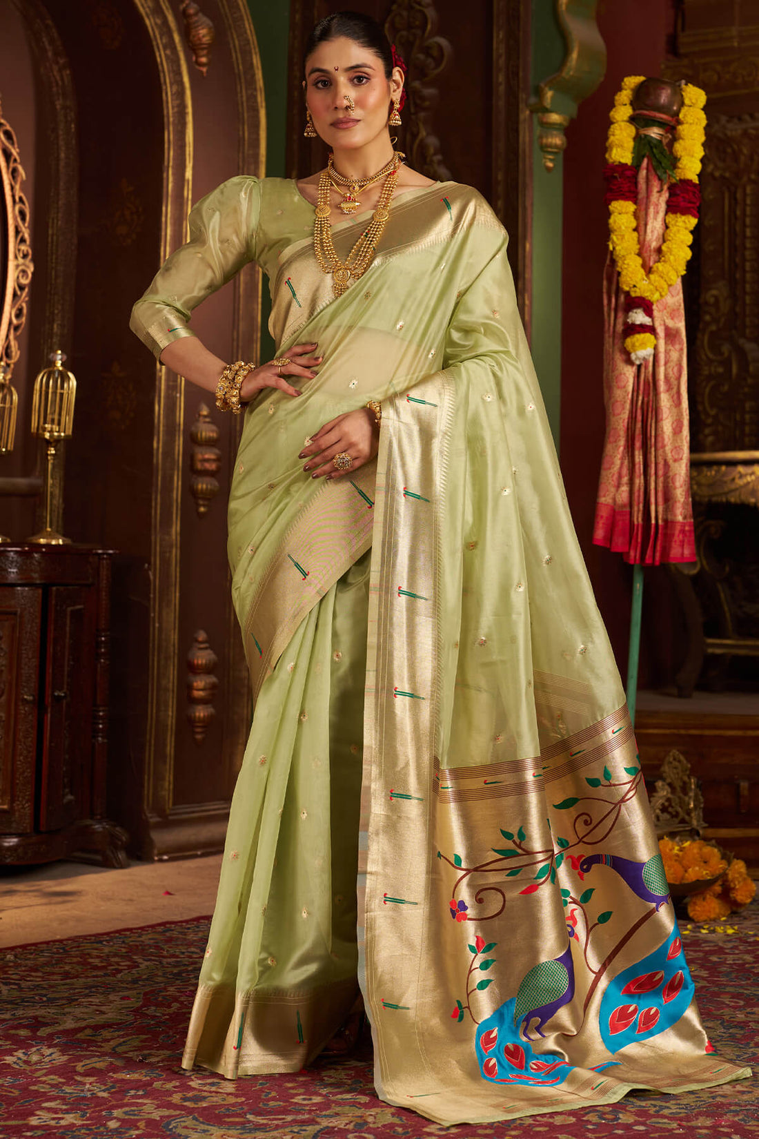 Diaphanous Pista Organza Paithani Silk Saree With Sensational Blouse Piece