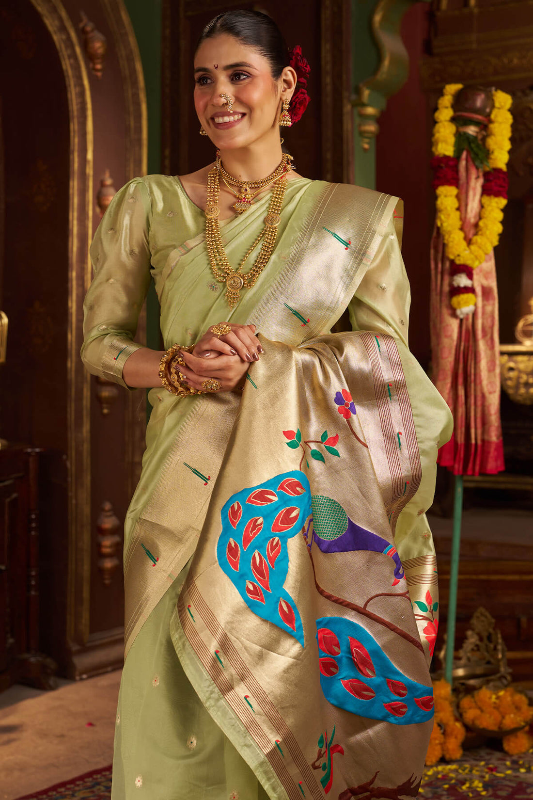 Diaphanous Pista Organza Paithani Silk Saree With Sensational Blouse Piece