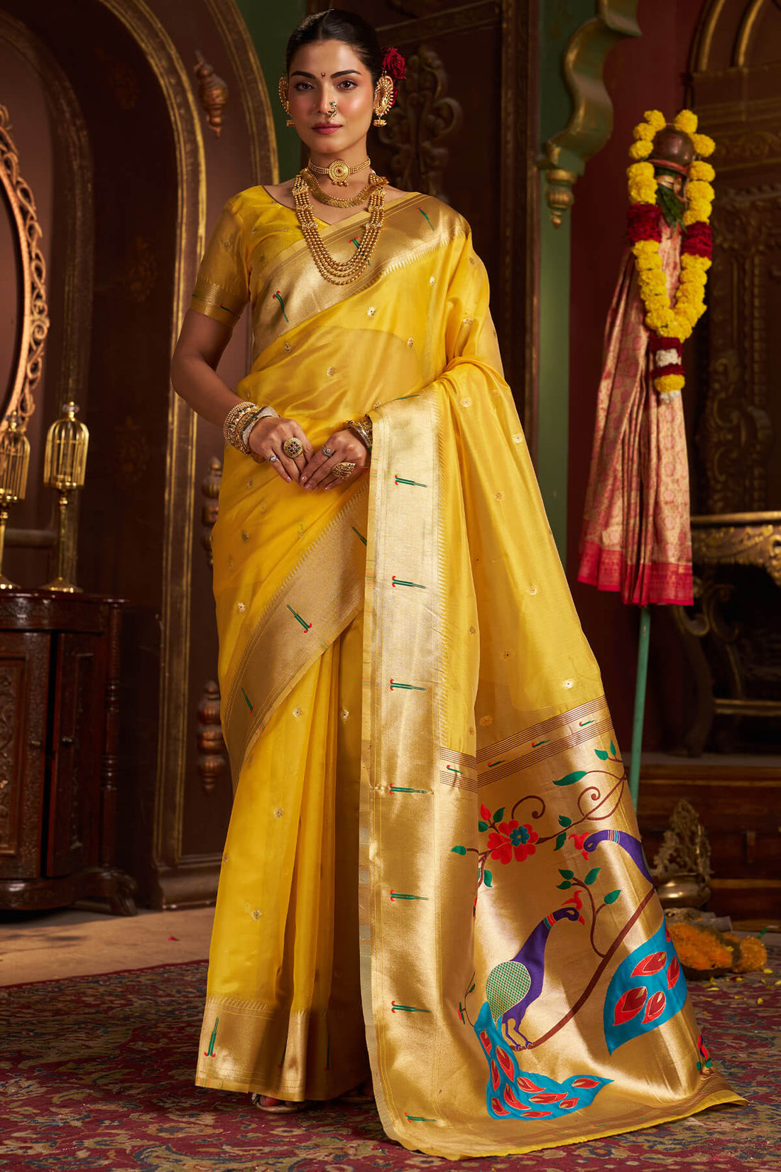 Devastating Yellow Organza Paithani Silk Saree With Beguiling Blouse Piece