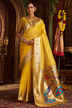 Devastating Yellow Organza Paithani Silk Saree With Beguiling Blouse Piece