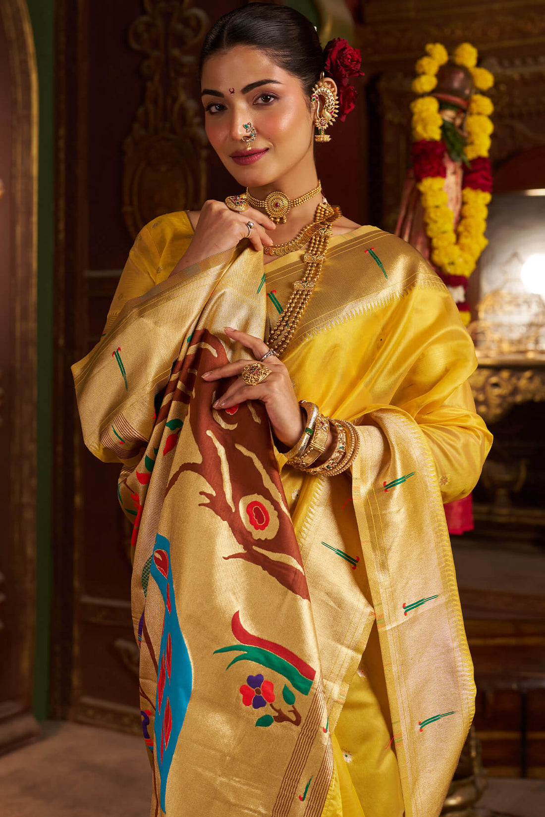 Devastating Yellow Organza Paithani Silk Saree With Beguiling Blouse Piece