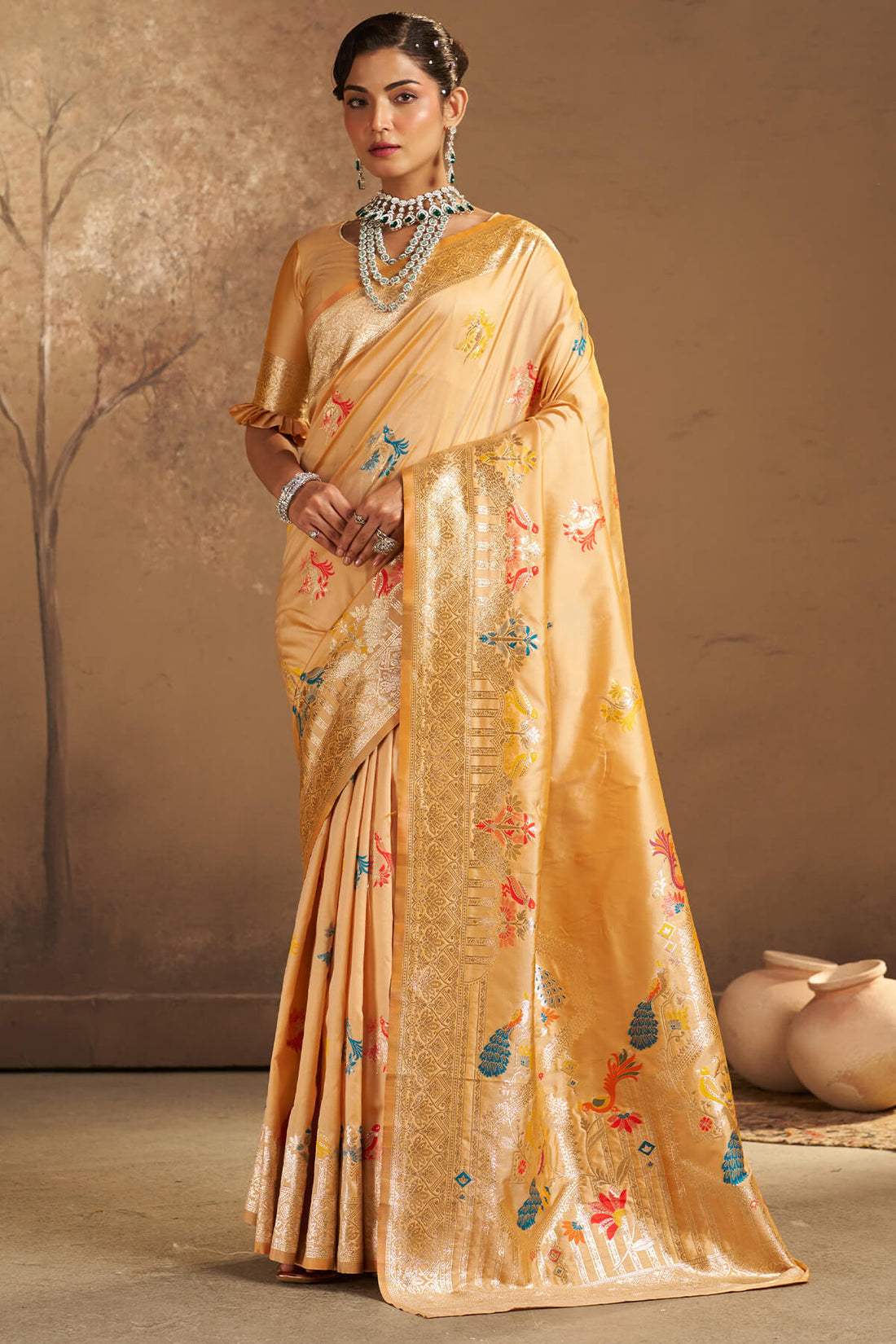 Majestic Beige Pure Zari Weaving Banarasi Silk Saree With Mellifluous Blouse Piece