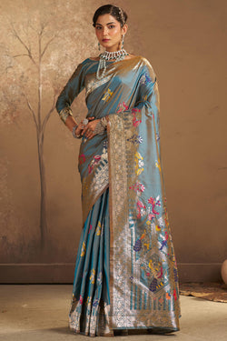 Sizzling Grey Pure Zari Weaving Banarasi Silk Saree With Dulcet Blouse Piece