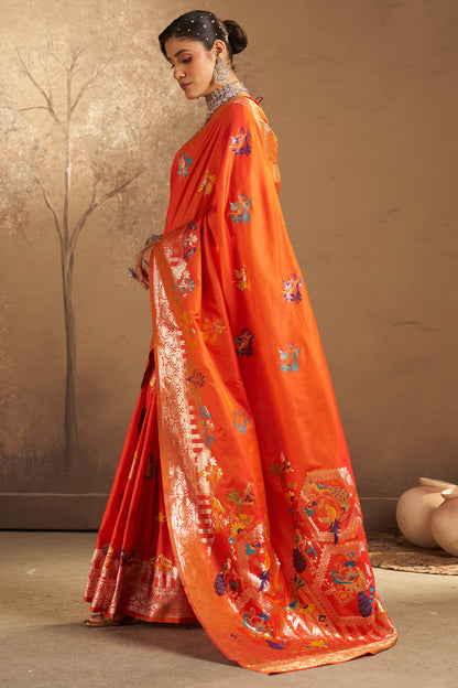 Unequalled Orange Pure Zari Weaving Banarasi Silk Saree With Sonorous Blouse Piece
