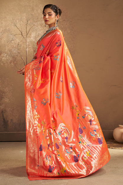 Beleaguer Peach Pure Zari Weaving Banarasi Silk Saree With Fancifull Blouse Piece