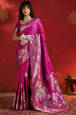 Most Stunning Magenta Pure Zari Weaving Banarasi Silk Saree With Outstanding Blouse Piece