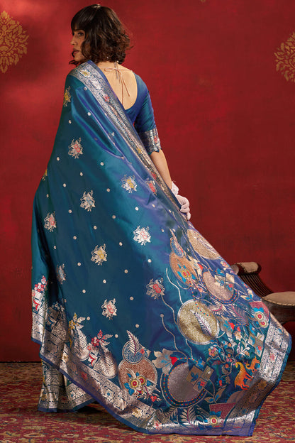 Comely Rama Pure Zari Weaving Banarasi Silk Saree With Nemesis Blouse Piece