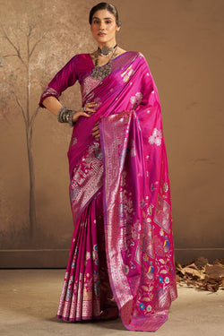 Dalliance Megnta Pure Zari Weaving Banarasi Silk Saree With Charismatic Blouse Piece