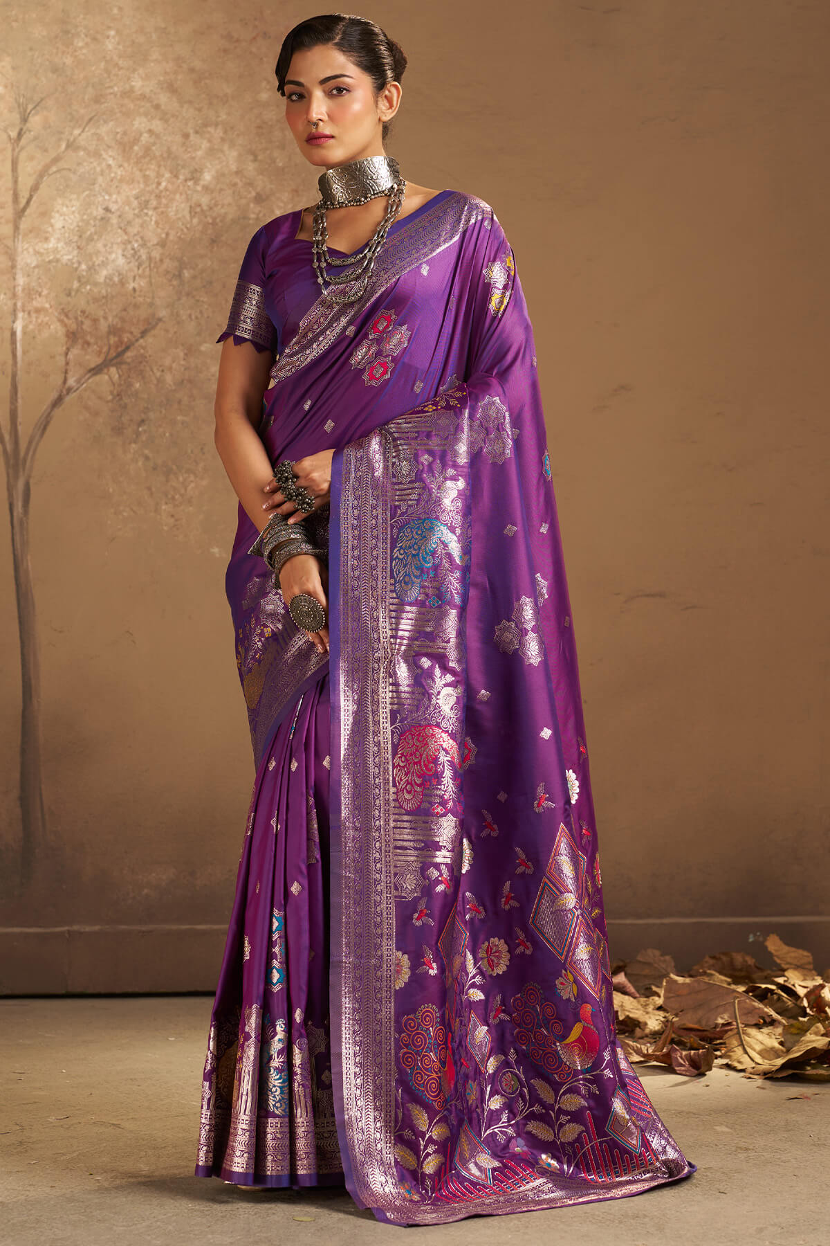Staggering Purple Pure Zari Weaving Banarasi Silk Saree With Enthralling Blouse Piece