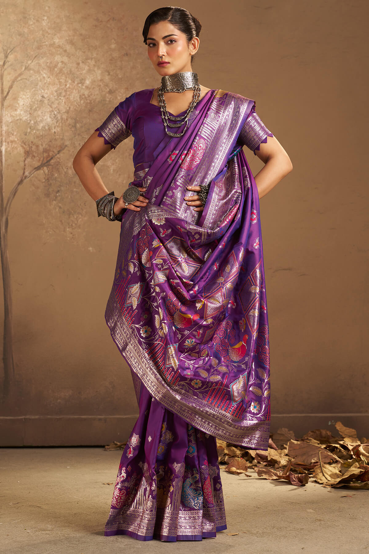 Staggering Purple Pure Zari Weaving Banarasi Silk Saree With Enthralling Blouse Piece