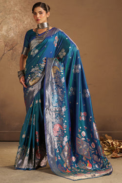 Arresting Rama Pure Zari Weaving Banarasi Silk Saree With Gratifying Blouse Piece