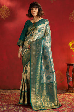 Pleasant Green Kanjivaram Silk Saree With Incredible Blouse Piece