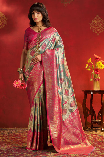 Fancifull Rama Kanjivaram Silk Saree With Staring Blouse Piece