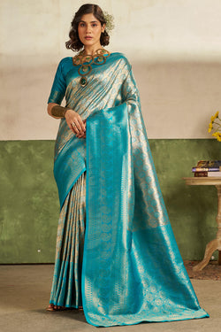Flameboyant Firozi Kanjivaram Silk Saree With Appealing Blouse Piece