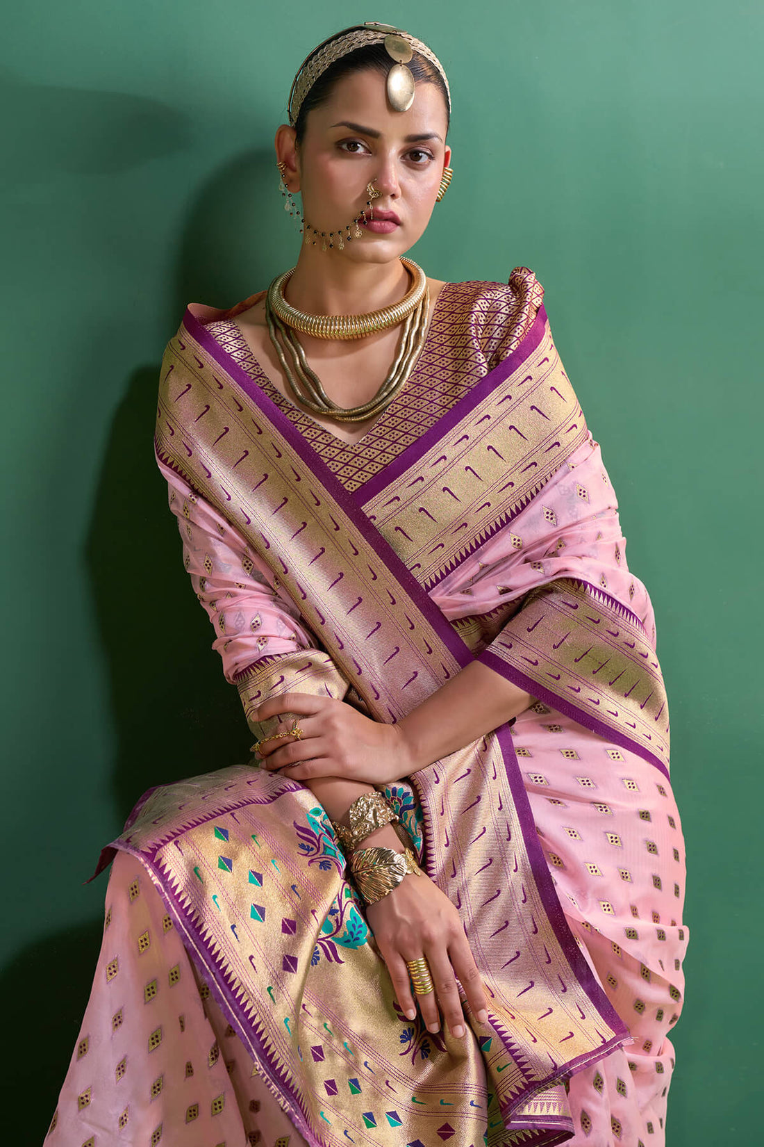 Luxuriant Baby Pink Organza Paithani Silk Saree With Traditional Blouse Piece