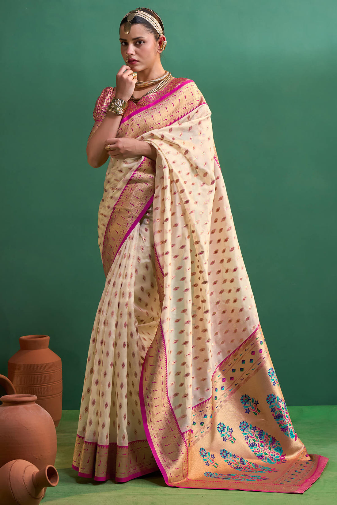 Panoply Beige Organza Paithani Silk Saree With Forbearance Blouse Piece