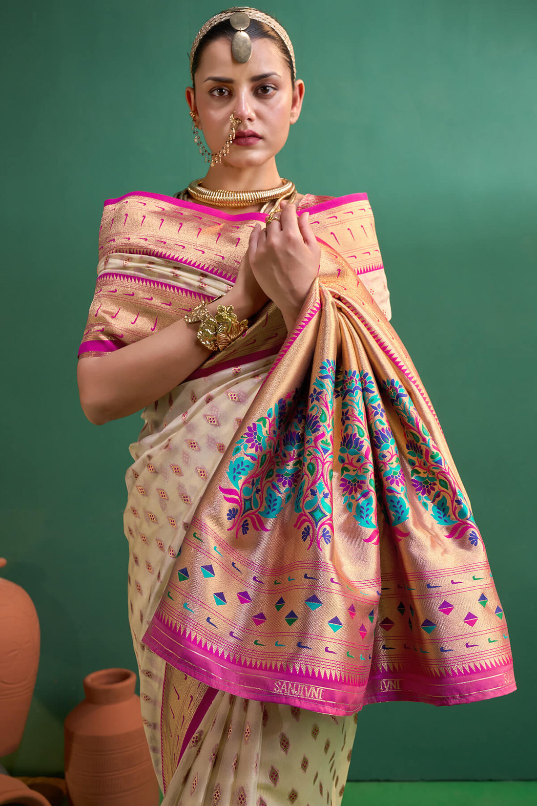Panoply Beige Organza Paithani Silk Saree With Forbearance Blouse Piece