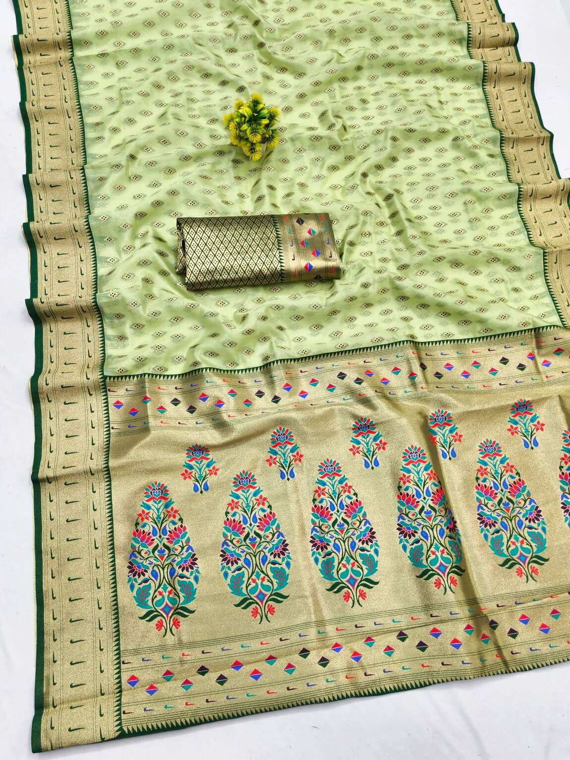 Pista Soft Paithani Silk Saree with Zari Motifs, Meenakari Rich Pallu & Contrast Blouse