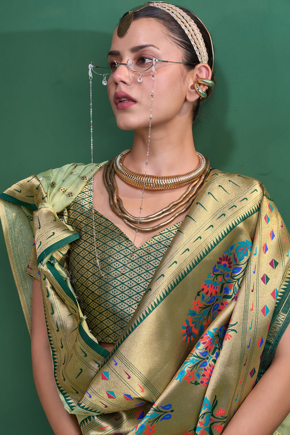 Transcendent Pista Organza Paithani Silk Saree With Diaphanous Blouse Piece