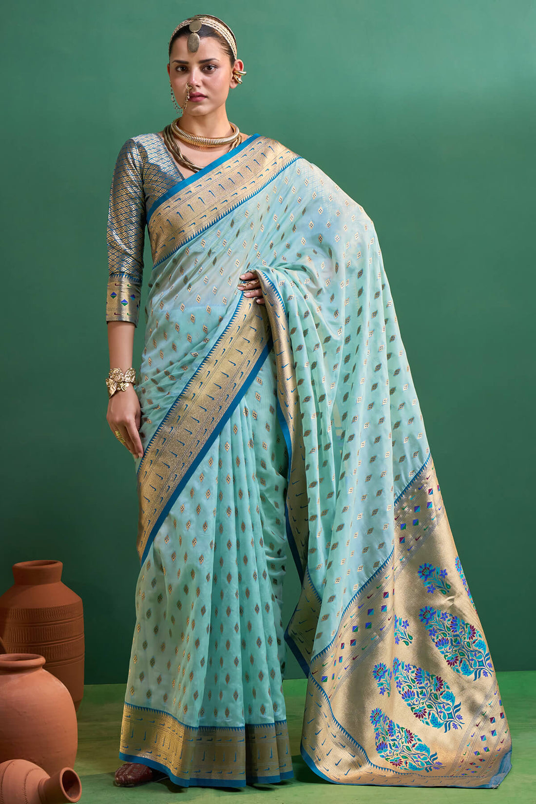 Radiant Sky Organza Paithani Silk Saree With Inspiring Blouse Piece