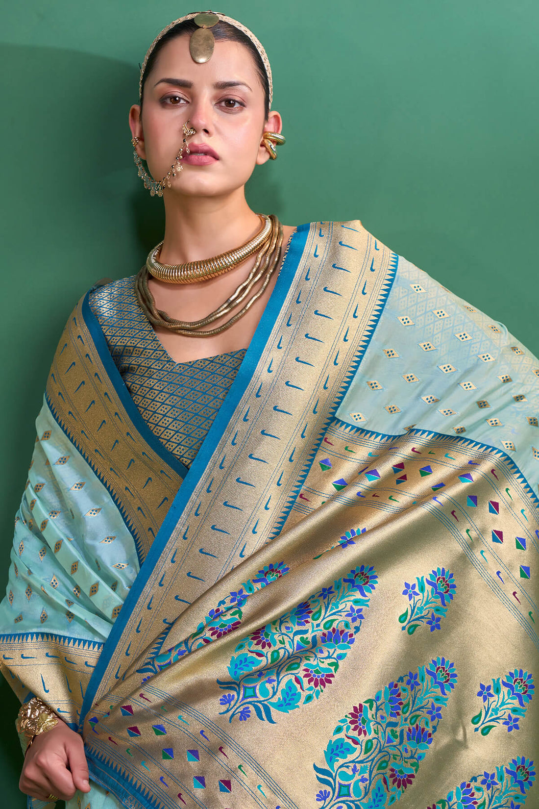 Radiant Sky Organza Paithani Silk Saree With Inspiring Blouse Piece