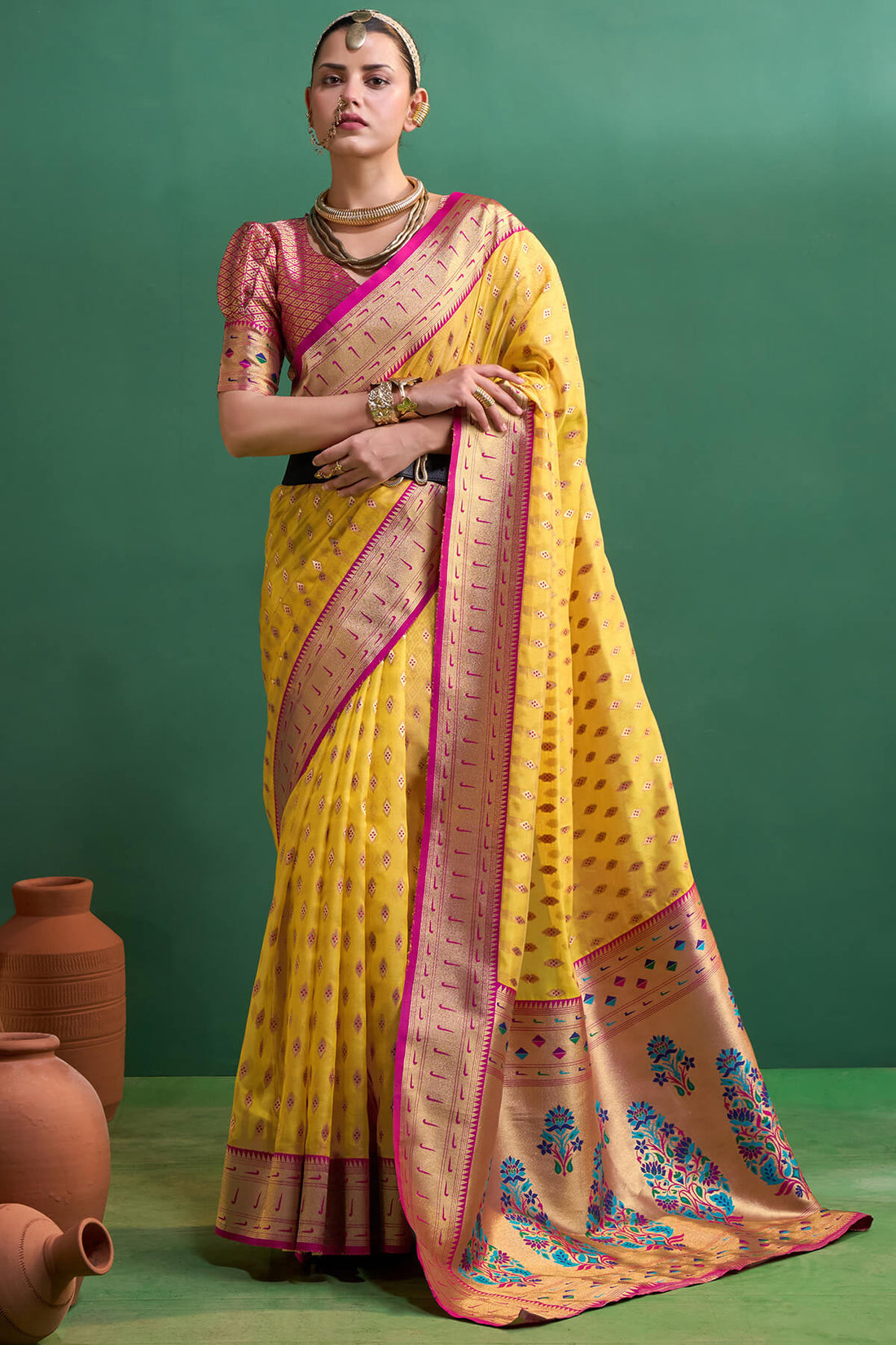 Evanescent Yellow Organza Paithani Silk Saree With Ephemeral Blouse Piece