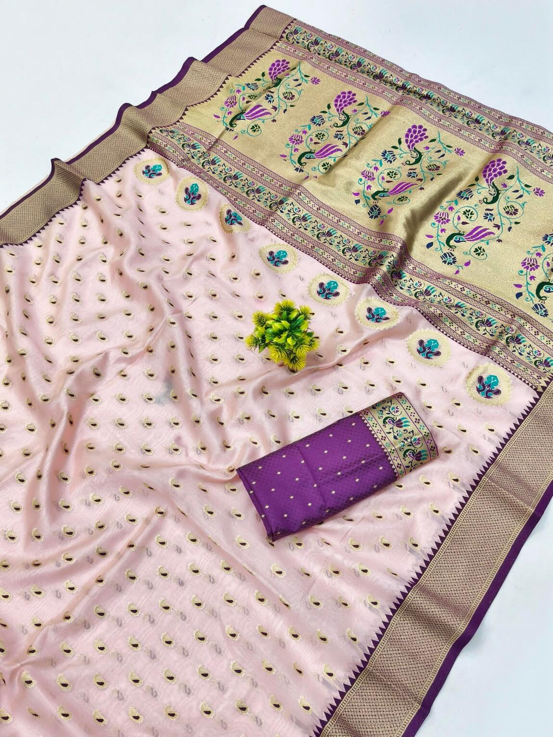 Stylish Baby Pink Organza Paithani Silk Saree With Piquant Blouse Piece