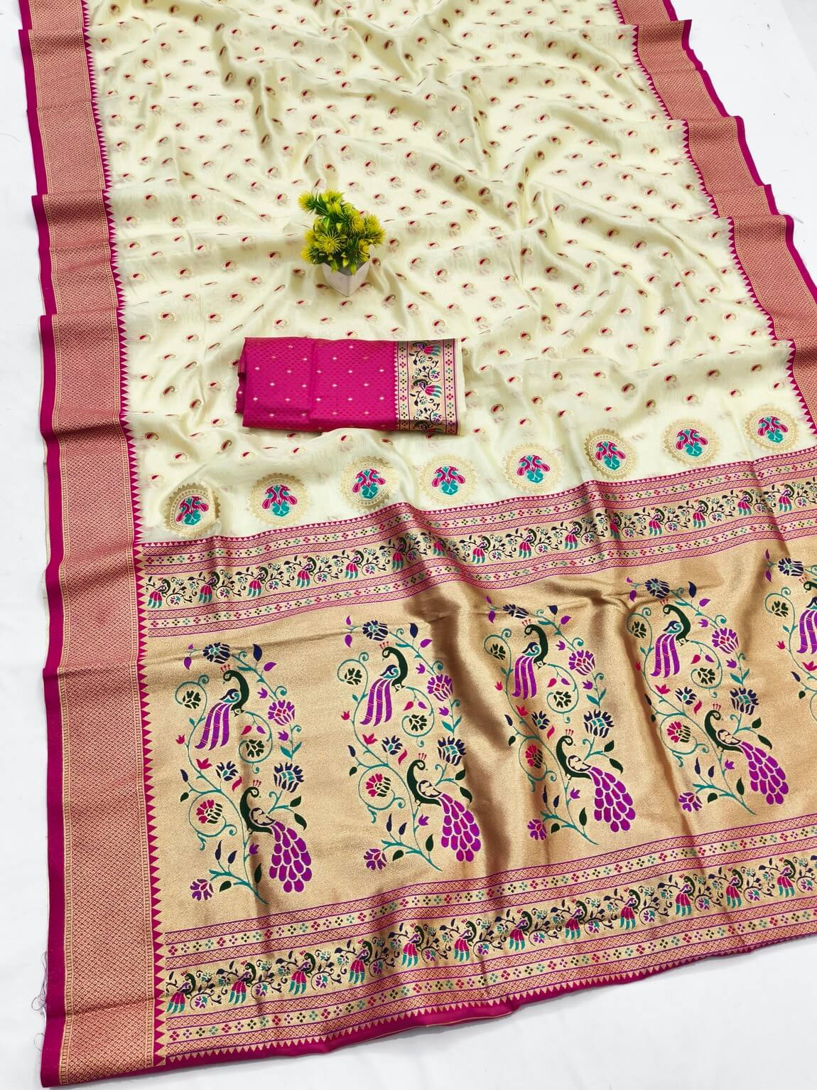 Rhapsody Beige Organza Paithani Silk Saree With Enchanting Blouse Piece