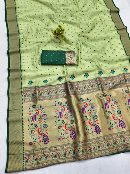 Excellent Pista Organza Paithani Silk Saree With Exceptional Blouse Piece