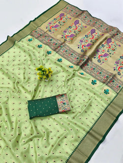 Excellent Pista Organza Paithani Silk Saree With Exceptional Blouse Piece