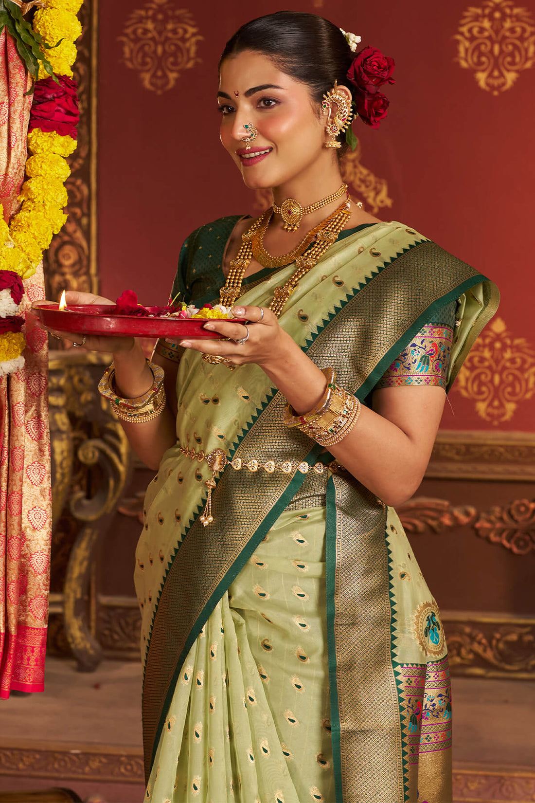 Excellent Pista Organza Paithani Silk Saree With Exceptional Blouse Piece