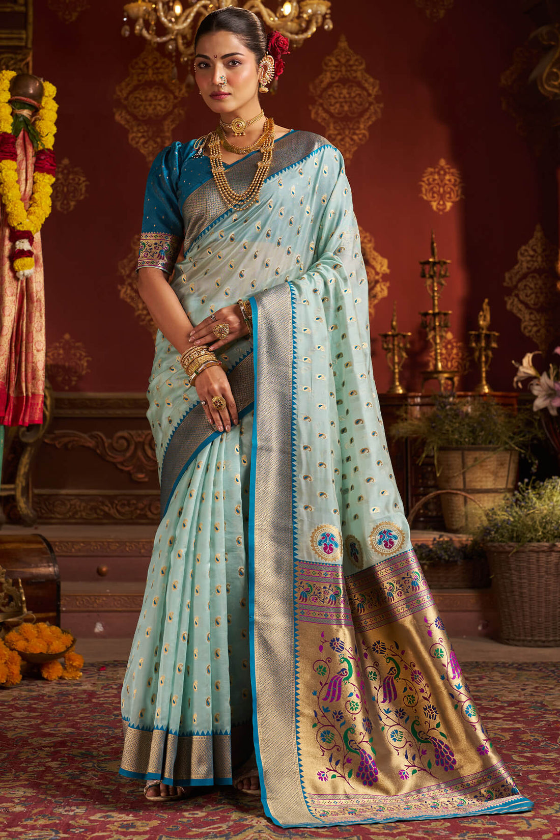 Invaluable Sky Organza Paithani Silk Saree With Chatoyant Blouse Piece