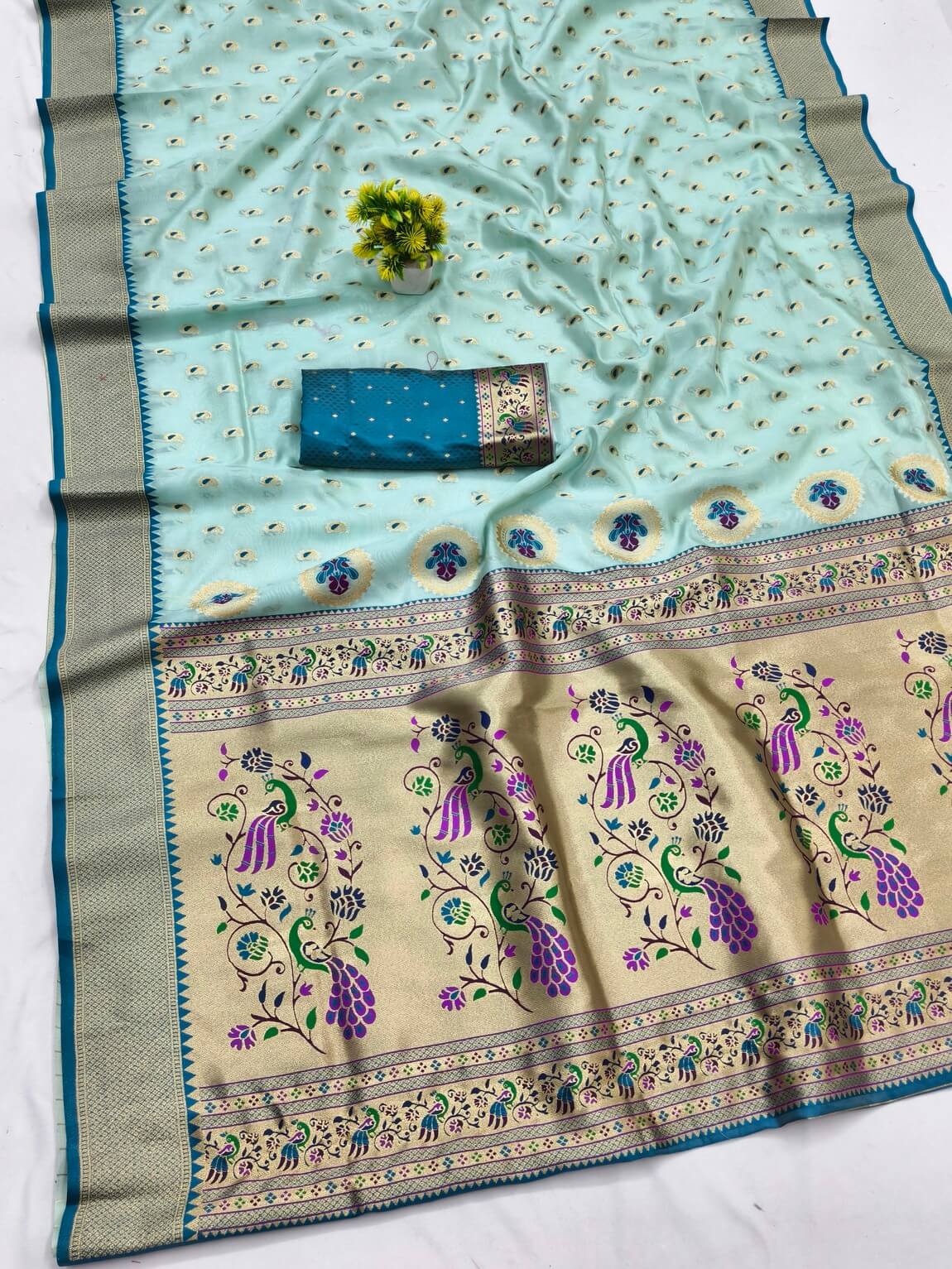 Invaluable Sky Organza Paithani Silk Saree With Chatoyant Blouse Piece