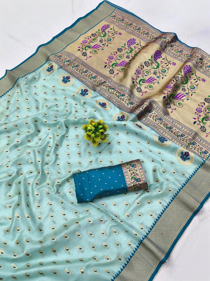 Invaluable Sky Organza Paithani Silk Saree With Chatoyant Blouse Piece