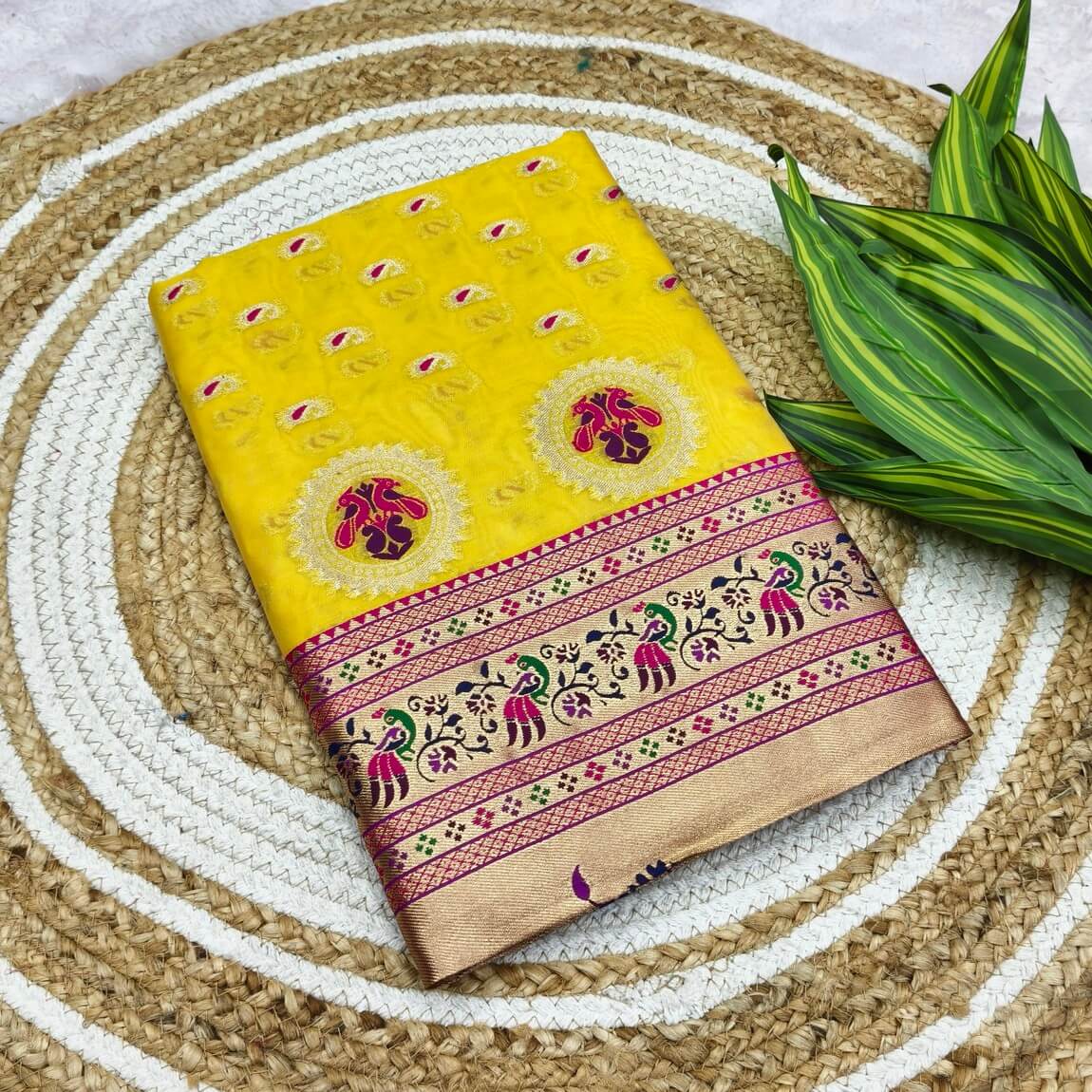 Surpassing Yellow Organza Paithani Silk Saree With Sensational Blouse Piece