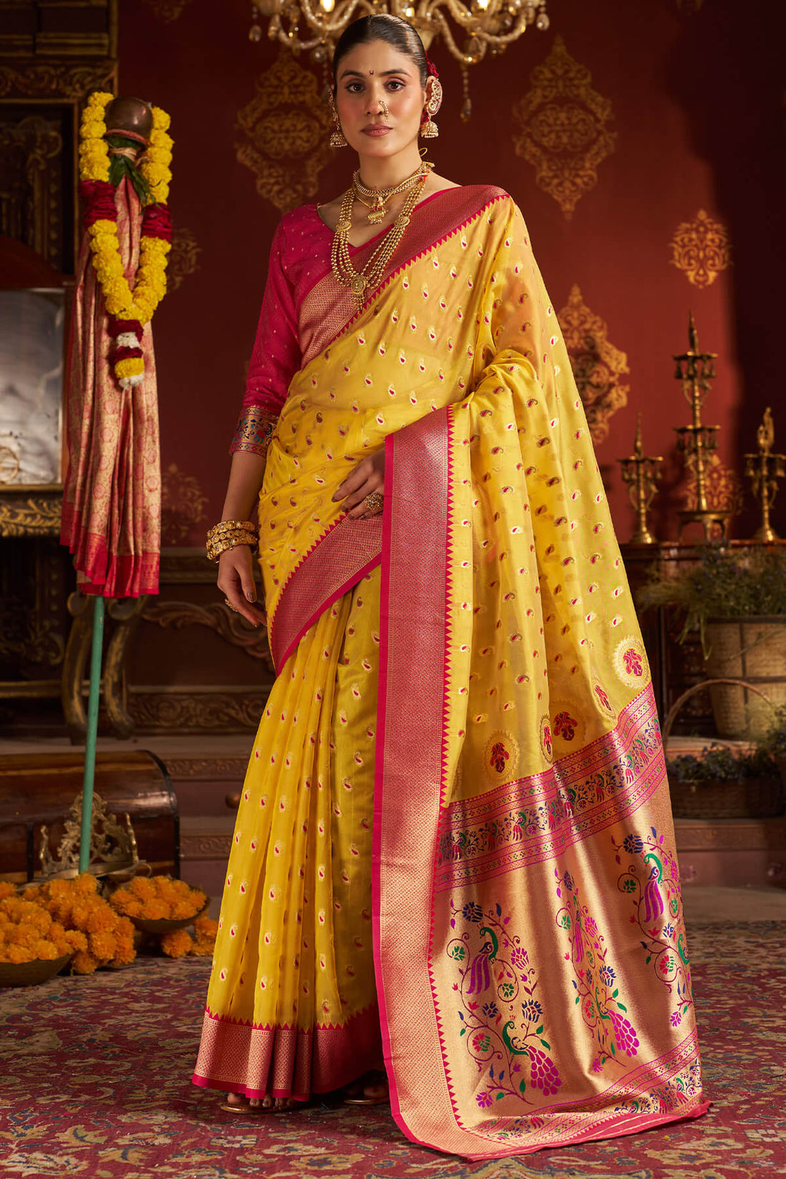 Surpassing Yellow Organza Paithani Silk Saree With Sensational Blouse Piece
