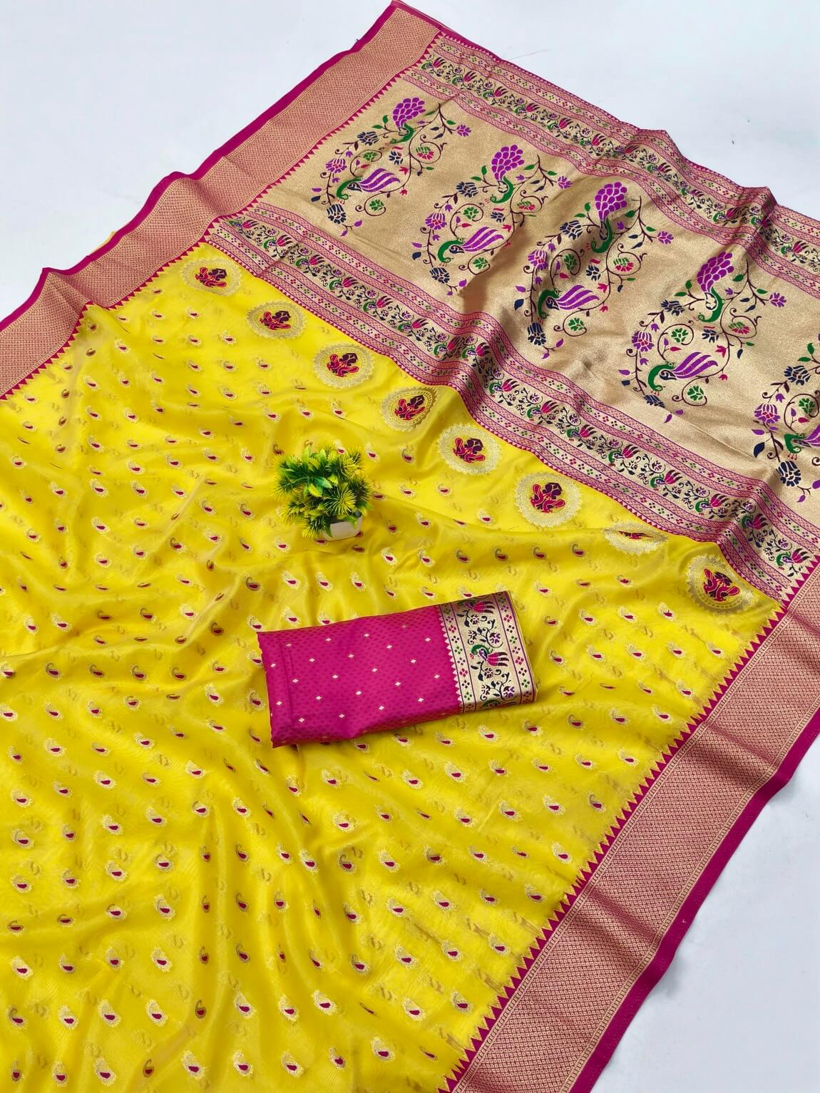 Surpassing Yellow Organza Paithani Silk Saree With Sensational Blouse Piece